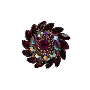 1960s Delizza & Elster Red AB Rhinestones Circular Domed Julianna Brooch Pin
